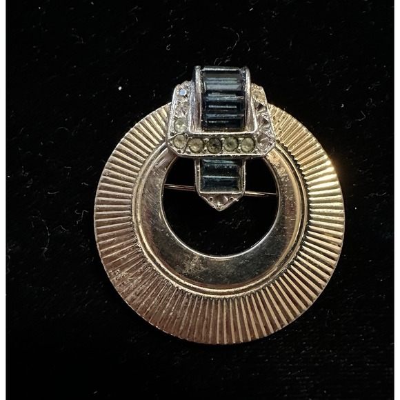 Boucher Jewelry - Boucher Circle Pin W/ Buckle Blue Rhinestones